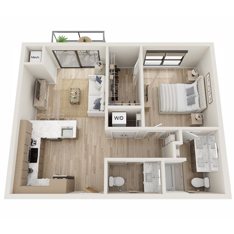 Floor plan for 1 bed, 1.5 baths, 760 sqft